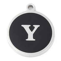 Letter Y 201 подвески из нержавеющей стали, с черной эмалью, цвет нержавеющей стали, плоские круглые с буквы, Письмо Y, 18.5x15.5x2 мм, отверстие : 1.6 мм