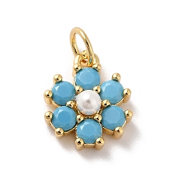 Deep Sky Blue Rack Plating Brass Micro Pave Cubic Zirconia Charms, with Pearl, Cadmium Free & Lead Free, Real 18K Gold Plated, Flower, Deep Sky Blue, 12.5x10.5x4mm, Hole: 3.6mm