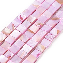 Pearl Pink Natural Freshwater Shell Beads Strands, Dyed, Square, Pearl Pink, 6.5x6.5x2.5mm, Hole: 0.8mm, about 60~61pcs/strand, 15.39''(39.1cm)