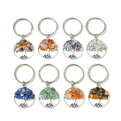 Antique Silver & Platinum Tibetan Style Alloy & Natural Mixed Gemstone Chips Pendant Keychain, with Iron Split Rings, Flat Round with Tree of Life, Antique Silver & Platinum, 5.35cm, 8pcs/set