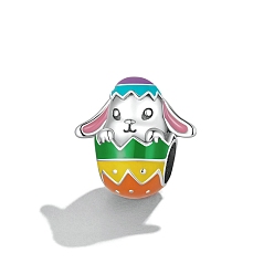 Silver Sterling Silver European Beads, Large Hole Beads, with Colorful Enamel, Easter Egg with Rabbit, Silver, 14x13mm, Hole: 4.5mm