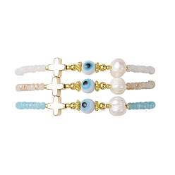 Cross Glass Beaded Bracelets, with Pearl Pendants, Cross, Inner Diameter: 2-1/8~3 inch(5.45~7.7cm), 3pcs/set