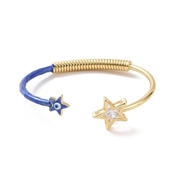 Royal Blue Enamel Star with Evil Eye Open Cuff Bangle with Clear Cubic Zirconia, Real 18K Gold Plated Brass Jewelry for Women, Royal Blue, Inner Diameter: 2-5/8 inch(6.6cm)