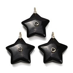 Obsidian Natural Obsidian Pendants, Star Charms, with Brass Pave Cubic Zirconia Findings, Golden, 30~32.5x31.5~34x11~12.5mm, Hole: 6x7mm
