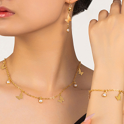 Золотой Элегантный комплект из ожерелья, сережек и браслетов из железа в форме бабочки для женщин, с пластиковой имитацией жемчуга, золотые