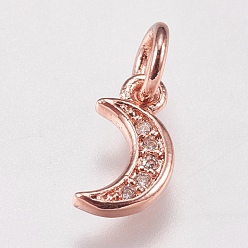 Rose Gold Brass Micro Pave Cubic Zirconia Charms, Moon, Rose Gold, 9x5x1mm, Hole: 3.5mm