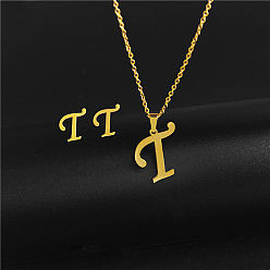 Letter T Golden Stainless Steel Initial Letter Jewelry Set, Stud Earrings & Pendant Necklaces, Letter T, No Size