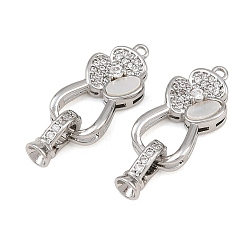 Platinum Brass Micro Pave Clear Cubic Zirconia Fold Oval Clasp, Flower, with Shell, Platinum, 25mm