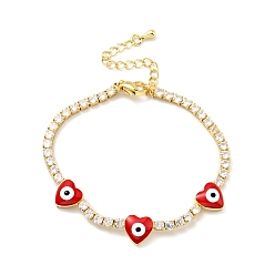 Red Heart with Evil Eye Enamel Link Bracelet with Clear Cubic Zirconia Tennis Chains, Gold Plated Brass Jewelry for Women, Cadmium Free & Lead Free, Red, 7-1/8 inch(18cm)