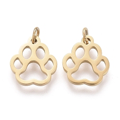 Golden Ion Plating(IP) 304 Stainless Steel Pet Charms, Laser Cut, with Jump Ring, Dog Footprint, Golden, 9x8x0.8mm, Jump Ring: 3x0.5mm, 1.4mm Inner Diameter