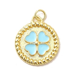 Синий Латунь эмаль подвески, плоские круглые подвески с клевером и соединительными кольцами, без свинца и без кадмия, долговечный, стойки покрытие, реальный 18 k позолоченный, синие, 22.5x19.5x2.5 мм, отверстие : 3.4 мм