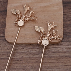 Light Gold Iron Hair Stick Findings, with Alloy Leaf Findings, Long-Lasting Plated, Light Gold, 160mm, Round Tray: 10mm