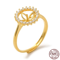 Real 18K Gold Plated Flat Round 925 Sterling Silver Micro Pave Cubic Zirconia Adjustable Ring Settings, for Half Drilled Beads, with S925 Stamp, Real 18K Gold Plated, US Size 8 1/2(18.5mm), Pin: 0.9mm