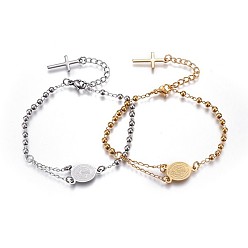 Mixed Color 201 Stainless Steel Charm Bracelets, Religion Theme, Oval and Cross, Rosary Center Pieces, Mixed Color, 6-3/4 inch(17~17.2cm), 2.8mm