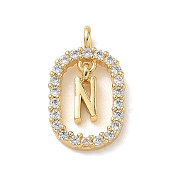 Настоящее золото 18K Латунные микропаве прозрачные подвески с фианитом, овал с подвесками в виде буквы n, стойки покрытие, долговечный, без кадмия и без свинца, реальный 18 k позолоченный, 18.5x11x3.8 мм, отверстие : 1.8 мм