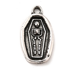Antique Silver Tibetan Style Alloy Pendants, Halloween, Oval Coffin with Skull Charm, Antique Silver, 20x11x2.1mm, Hole: 1.8mm