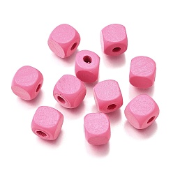 Ярко-Розовый Спрей окрашены деревянные бусины, квадратный, ярко-розовый, 10x10x10 мм, отверстие : 3 мм