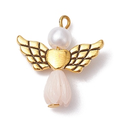 White Resin Imitation Pearl Pendants, Rose Angel Charms with Antique Golden Plated Alloy Heart Wings, White, 23.5~24x22x6.5mm, Hole: 1.8~2.2mm