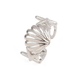 Shell Shape Латунные кольца-манжеты для женщин, без кадмия и без свинца, стойки покрытие, долговечный, платина, формы раковины, 14x23 мм, внутренний диаметр: регулируемый