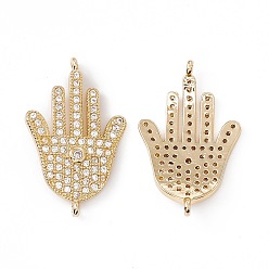 Real 18K Gold Plated Brass Micro Pave Clear Cubic Zirconia Connector Charms, Religion, Hamsa Hand/Hand of Miriam Links, Real 18K Gold Plated, 25.5x16x2mm, Hole: 1mm