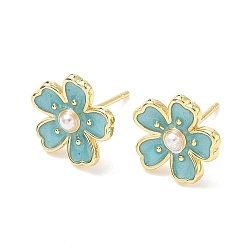 Темно-бирюзовый Серьги-гвоздики с цветочным рисунком из латуни и АБС-пластика с жемчугом, с эмалью, без кадмия и без свинца, долговечный, стойки покрытие, реальный 18 k позолоченный, темные бирюзовый, 12.5x13 мм