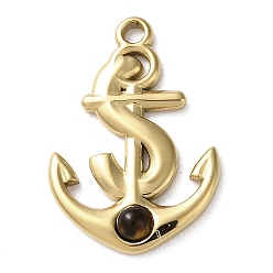Tiger Eye Vacuum Plating 316 Stainless Steel Pendants, with Natural Tiger Eye, Anchor, Real 18K Gold Plated, 23x15.5x3mm, Hole: 1.8mm