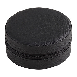 Black Round PU Leather Jewelry Storage Zipper Box, Portable Travel Jewelry Organizer Case for Necklace Earrings Rings, Black, 11x5cm