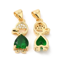 Green Real 16K Gold Plated Brass Micro Pave Cubic Zirconia Pendants, with Glass, Boy Charms, Green, 18.5x8x4.5mm, Hole: 5x3.5mm