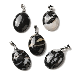 Джаспер Зебра Подвески из натуральной черной зебровой яшмы, овальные подвески со стойкой, латунные кнопки с платиновым покрытием, защелки на дужках, 30x21.5~22x6~6.5 мм, отверстие : 6x4 мм