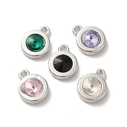 Mixed Color Alloy Pendant, with Glass, Platinum, Lead Free & Cadmium Free, Falt Round Charm, Mixed Color, 12.5x10x4mm, Hole: 1.5mm