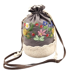Gray Flower Lace Embroidery Crossbody Bag Kits with Instructions, Embroidery Starter Kit for Beginners Arts, Gray, Finish Product: 270x140mm