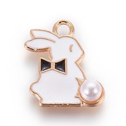 Black Zinc Alloy Bunny Pendants, with Enamel and ABS Plastic Imitation Pearl, Rabbit, Light Gold, Black, 16.5x13.5x1mm, Hole: 1.5mm