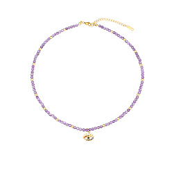 Amethyst Natural Amethyst Beaded Necklaces, with Golden Plated Metal Eye Charms, 15.75 inch(40cm), Charm: 13.7x13.8mm