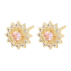 Pink Серьги-гвоздики из латуни с микропаве из кубического циркония для женщин, цветок, без кадмия и без свинца, долговечный, стойки покрытие, реальный 18 k позолоченный, розовые, 9 мм