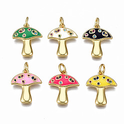 Mixed Color Autumn Theme Brass Micro Pave Cubic Zirconia Enamel Pendants, with Jump Rings, Nickel Free, Mushroom,Real 16K Gold Plated, Mixed Color, 16.5x14x2mm, Jump Ring: 5x0.8mm, 3mm inner diameter