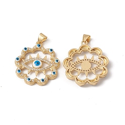 White Rack Plating Brass Enamel Pendants, with Cubic Zirconia, Flower with Evil Eye, Real 18K Gold Plated, Long-Lasting Plated, White, 26.5x24x4mm, Hole: 4x3.5mm