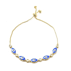 Blue Clear Cubic Zirconia & Enamel Horse Eye Links Slider Bracelet, Gold Plated Brass Jewelry for Women, Lead Free & Cadmium Free, Blue, 11 inch(28cm)