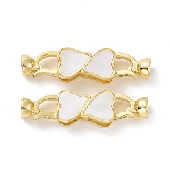 Golden Brass Micro Pave Clear Cubic Zirconia Fold Over Clasps, with White Shell, Cadmium Free & Lead Free, Heart, Golden, Heart: 10x18x6mm, Clasp: 14x8x6mm, Iinner Diameter: 4.4mm, Hole: 3.6x7mm