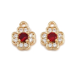 Красный Латунные микро проложить кубического циркония подвески, клевер амулеты, реальный 18 k позолоченный, красные, 9.5x7.5x3 мм, отверстие : 1 мм