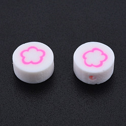 Pearl Pink Handmade Polymer Clay Beads, Flat Round with Flower, Pearl Pink, 9~9.5x4~5mm, Hole: 1.6mm