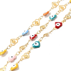 Golden Ion Plating(IP) Stainless Steel Heart Link Chains with Colorful Enamel Evil Eye, Soldered, with Spool, Golden, 12x6x2mm, 12x6x0.3mm