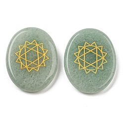 Green Aventurine Natural Green Aventurine Cabochons, Oval with Gold Tone Chakra Pattern, 27.5~28x21.5~22x4.5~5mm