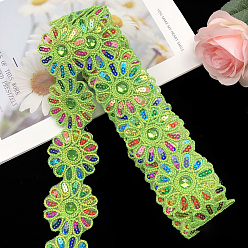 Lawn Green Polyester Lace Trim, with Colorful Paillettes, Flower, Garment Accessories, Lawn Green, 2-3/8 inch(60mm), about 4.5 yards/pc
