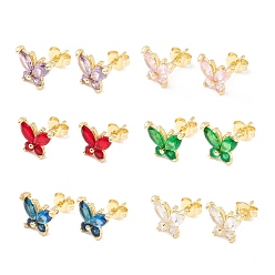 Mixed Color Brass Micro Pave Cubic Zirconia Stud Earring, Real 18K Gold Plated, Butterfly, Mixed Color, 8x9.5mm, Pin: 1mm