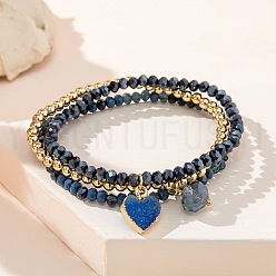 B Tibetan Blue Chic Three-Color Crystal Beaded Bracelet with Heart Pendant - Stylish and Personalized Triple Wrap Bracelet for Women