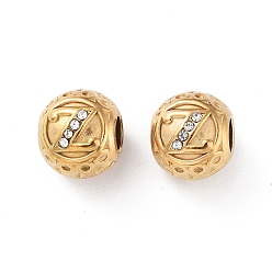 Letter Z 304 Stainless Steel Rhinestone European Beads, Round Large Hole Beads, Real 18K Gold Plated, Round with Letter, Letter Z, 11x10mm, Hole: 4mm