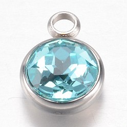 Cyan 304 Stainless Steel Glass Rhinestone Charms, March Birthstone Charms, Faceted, Flat Round, Cyan, 14x10x7mm, Hole: 2.5mm