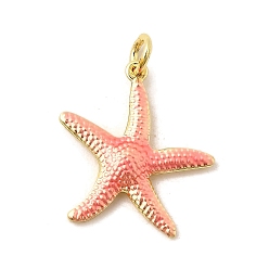 Легкий Лосось Латунные эмалевые подвески с морскими животными, прелести морская звезда, без свинца и без кадмия, долговечный, стойки покрытие, реальный 18 k позолоченный, светлый померанцевый, 22x20.5x2.5 мм, отверстие : 3.5 мм