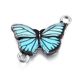 Turquoise Printed Alloy Enamel Links Connectors, Butterfly Shape, Platinum, Turquoise, 14.5x20.5x2mm, Hole: 1.8mm
