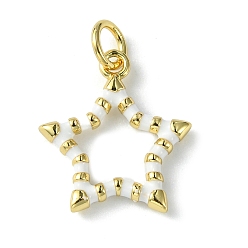 White Rack Plating Eco-Friendly Brass Enamel Pendants, with Jump Ring, Long-Lasting Plated, Lead Free & Cadmium Free, Real 18K Gold Plated, Star Charm, White, 16.5x14.5x2mm